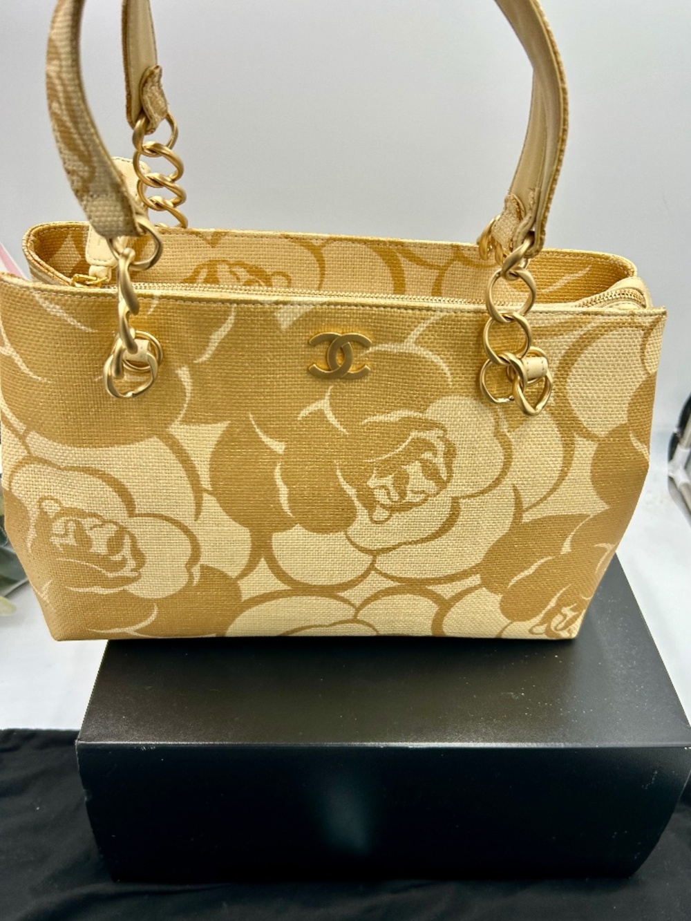 Women’s Chanel Camellia Printed Raffia Chain Tote Bag.  Made in Italy.